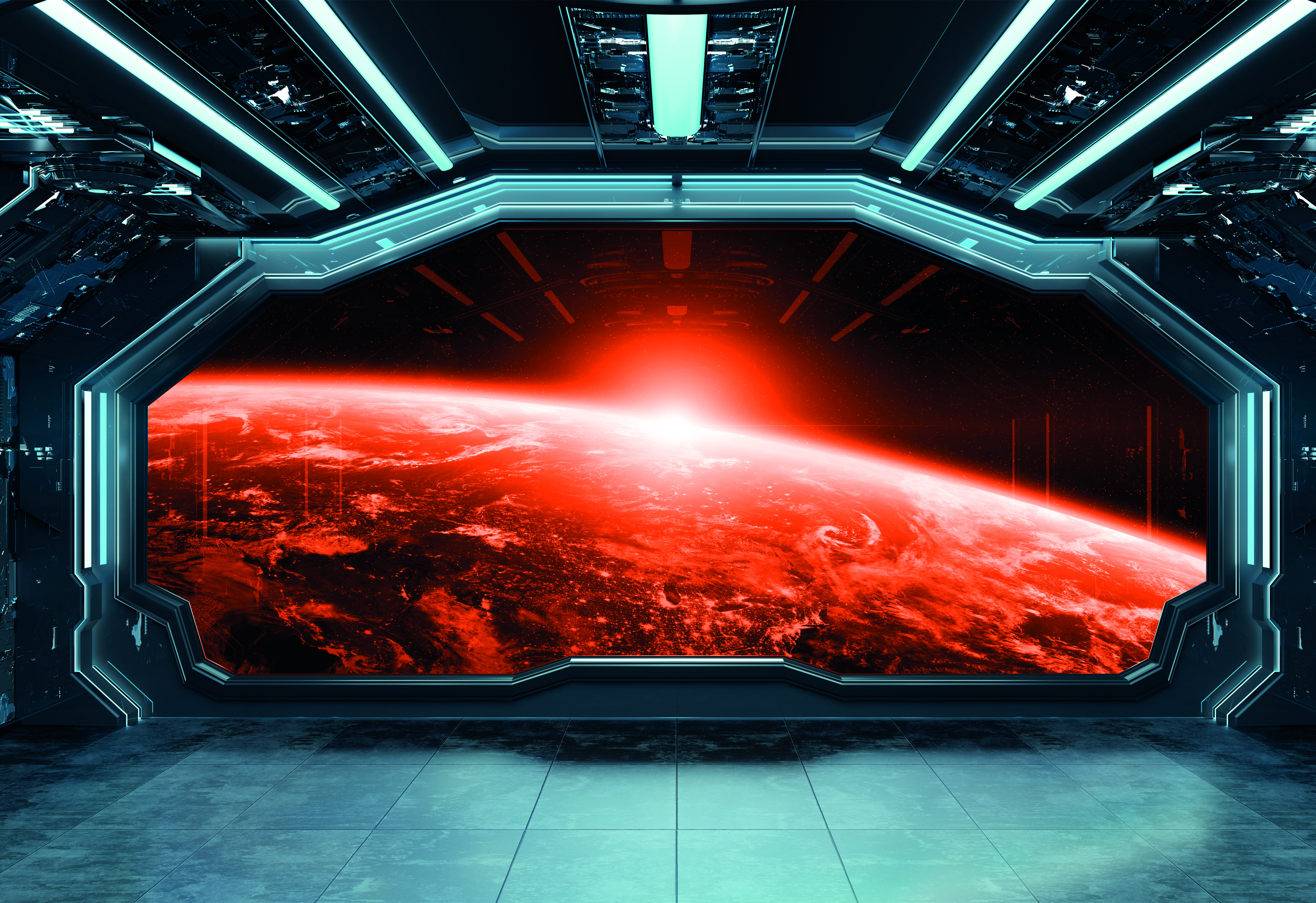 Dark blue spaceship futuristic interior with window view on planet Earth 3d rendering elements of this image furnished by NASA